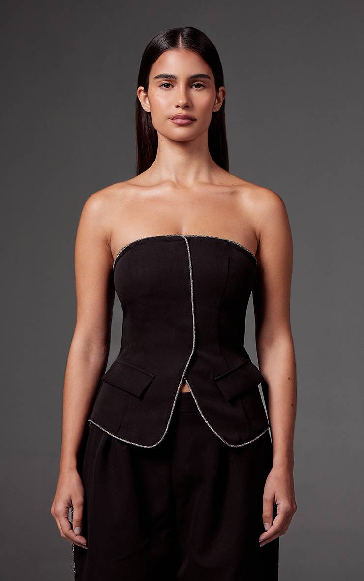 Noir Top Bandeau Ajusté En Tissu Tissé Avec Ornements De Strass