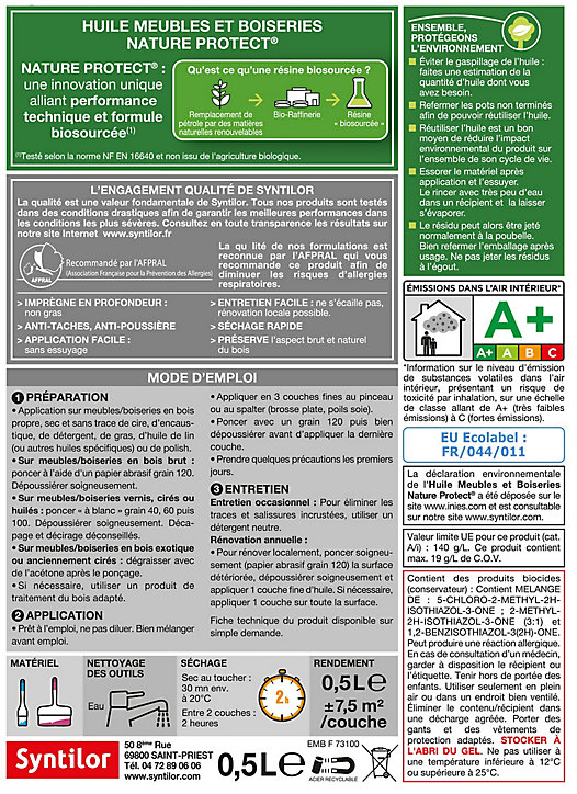 Huile meuble Nature Protect Syntilor biosourcée chêne 0,5L