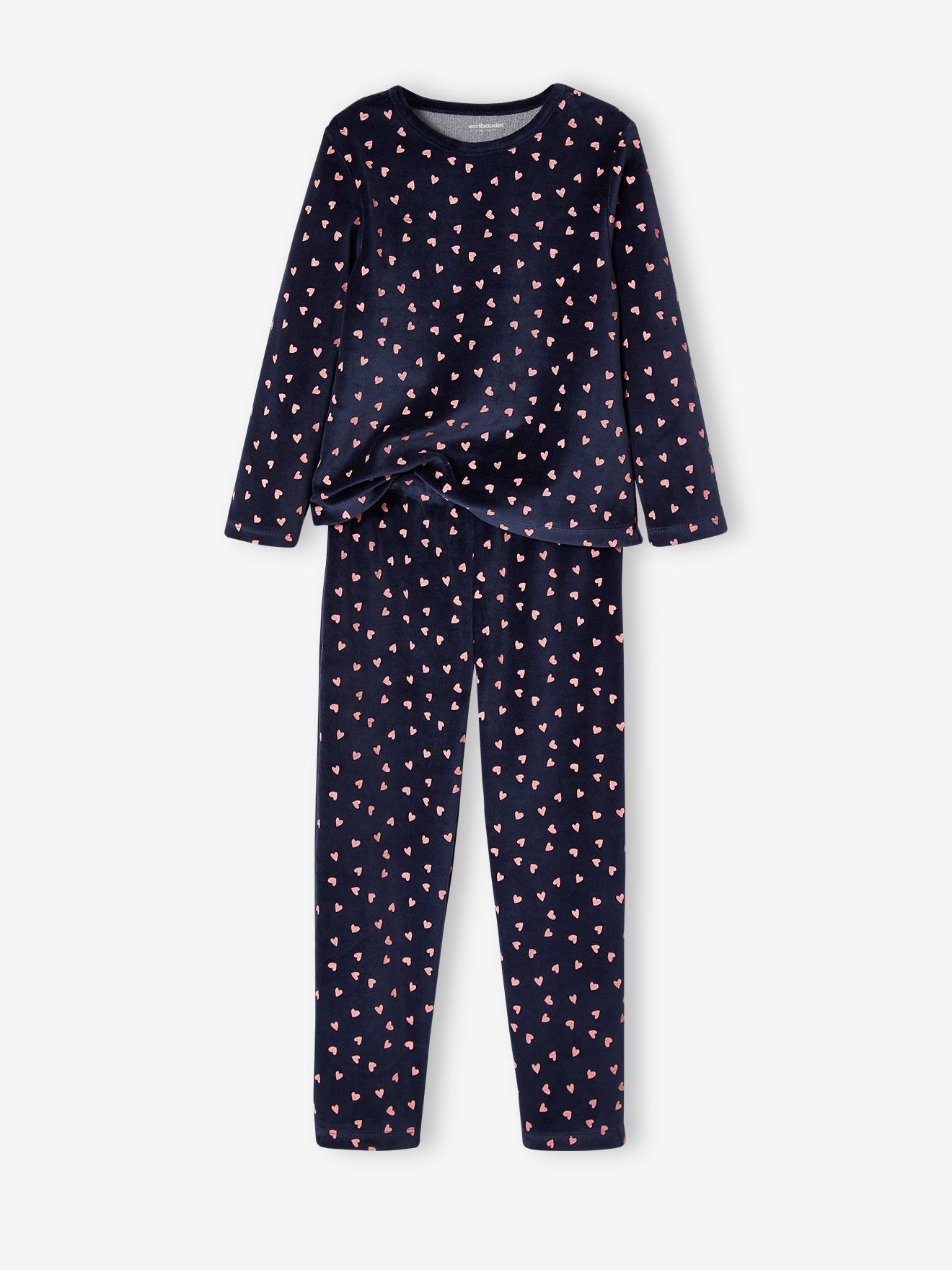 Conjunto de 2 pijamas de veludo com corações para meninas, azul marinho