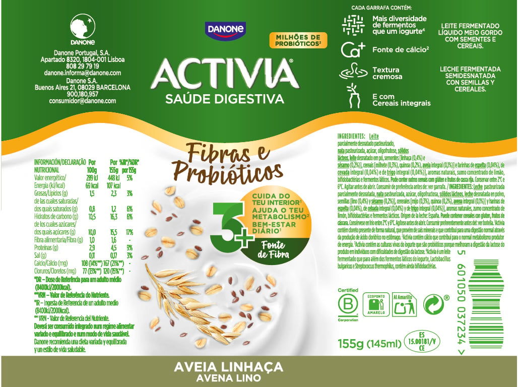BIFIDUS DANONE ACTIVIA LÍQUIDO AVEIA LINHAÇA 4X155G