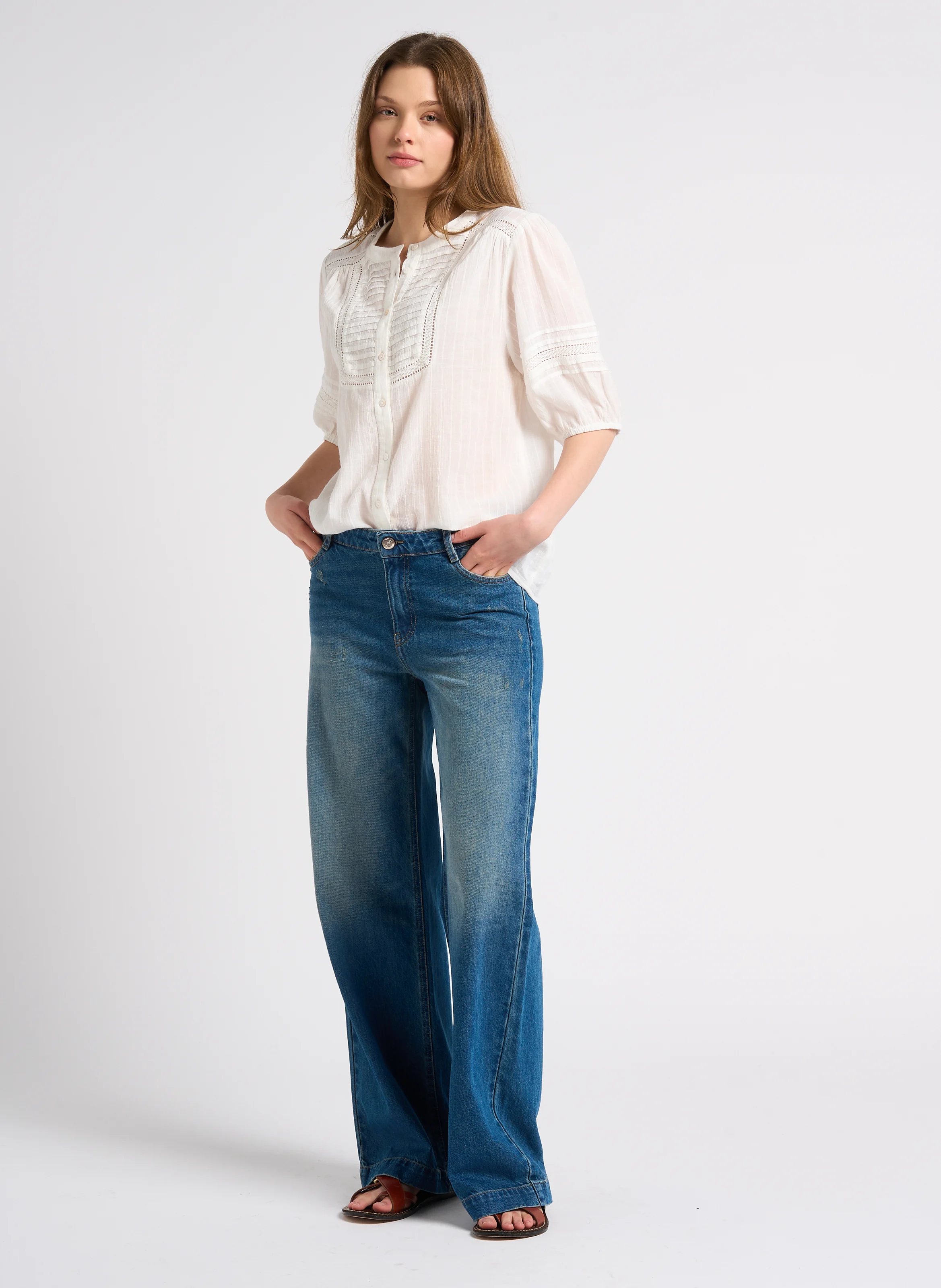 SANDY - Jean taille basse délavée en coton | Bleu
