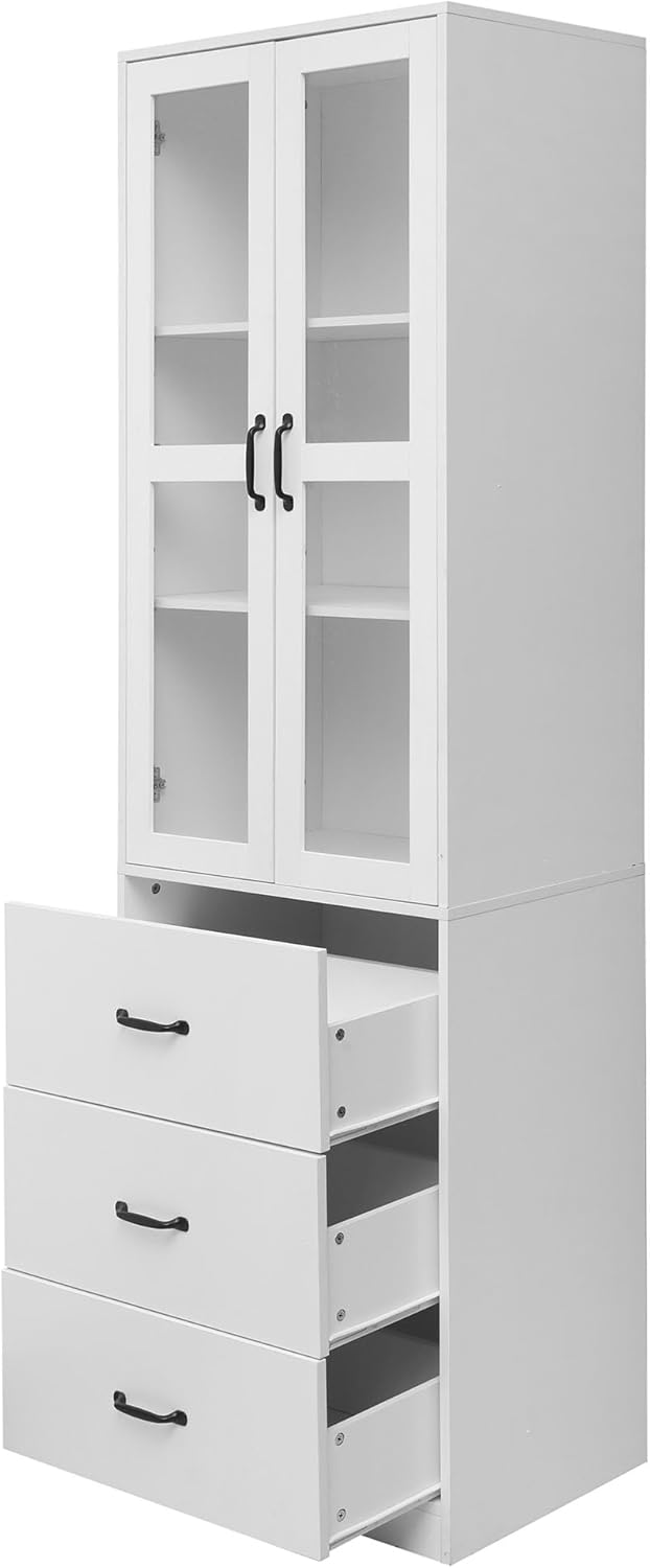 Merax Vitrine mit LED-Lichtern, Modern Standvitrine mit 2 Glastüren und 3 Schubladen, Glasvitrine Highboard mit viel Stauraum, Aufbewahrungsschrank Bücherschrank für Wohnzimmer Büro Esszimmer, Weiß