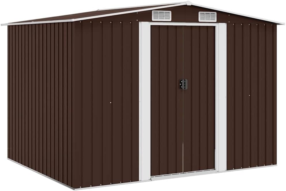 vidaXL Geräteschuppen mit 4 Entlüftungsöffnungen Schiebetür Gerätehaus Gartenhaus Schuppen Gartenschuppen Braun 257x205x178cm Stahl