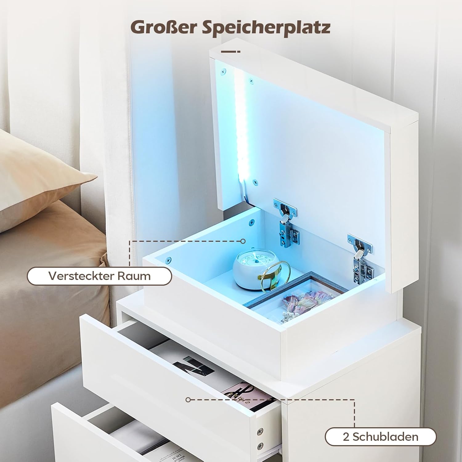 TUKAILAI 2X Nachttisch Weiß mit RGB Led Licht 2 Schubladen Nachtschrank Holz Beistelltisch Organizer Einheit Nachtkonsole Nachtkommode für Schlafzimmer Wohnzimmer