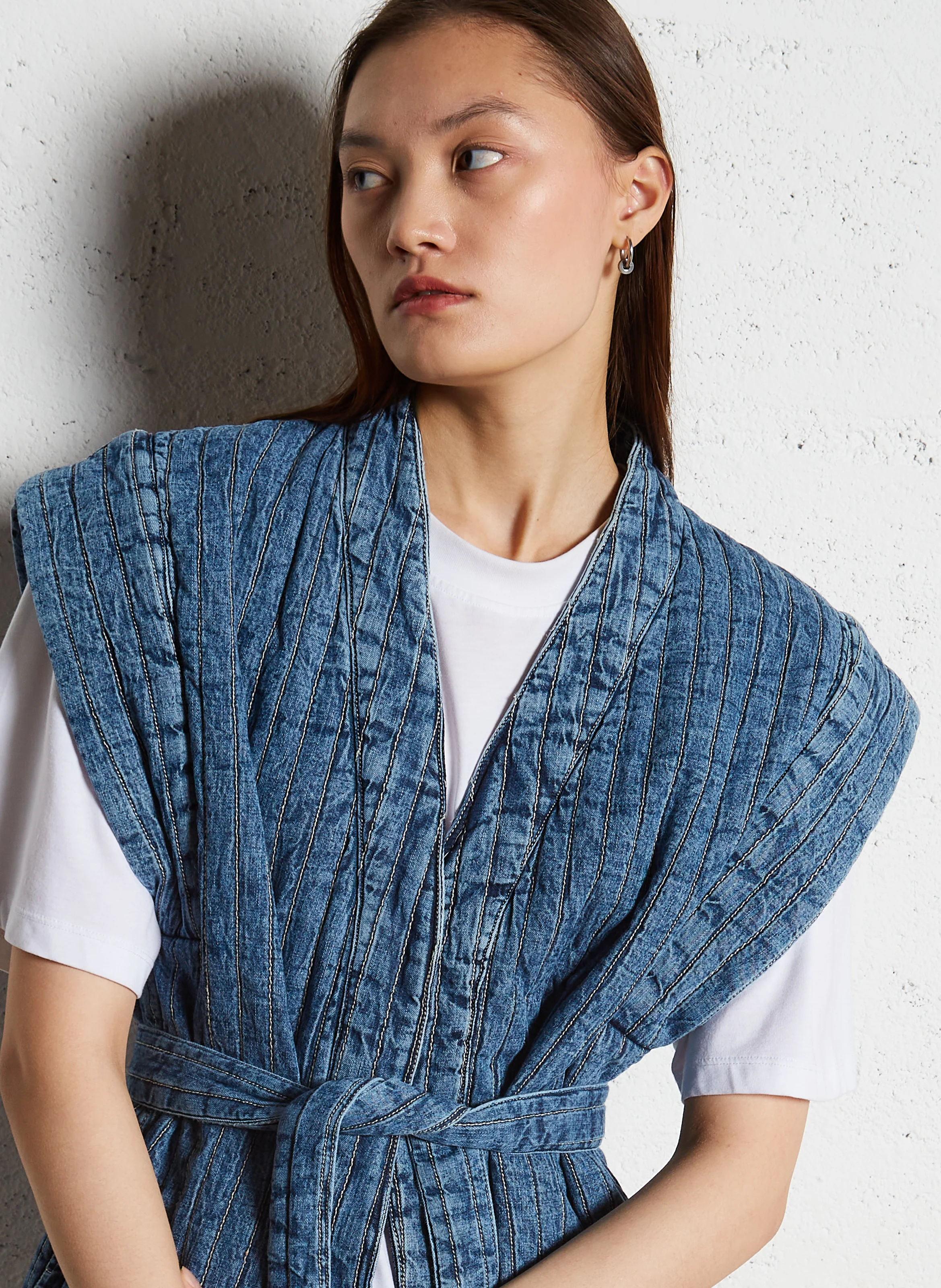 ELSA - Vestecol V en denim de coton | Bleu