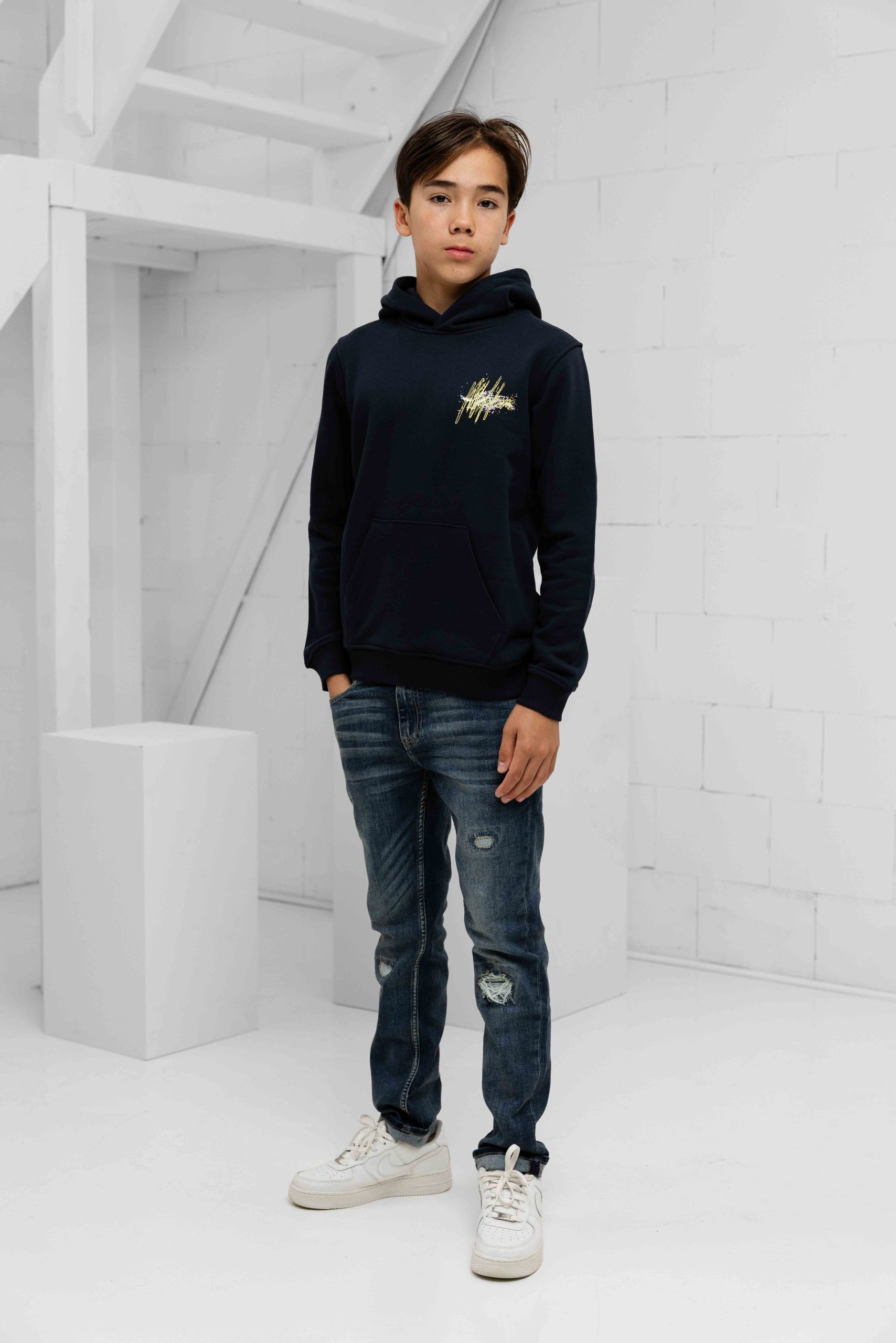 Malelions Splash Hoodie Kids Donkerblauw/Geel