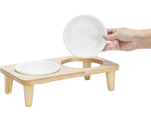 Dubbele kom ontworpen door Lotte, Djeha serviesset, houten komstandaard ca. 35 x 19 x 9 cm met 2 keramische kommen, vaatwasserbestendig ca. 14 x 14 x 4,5 cm, elk 250 ml