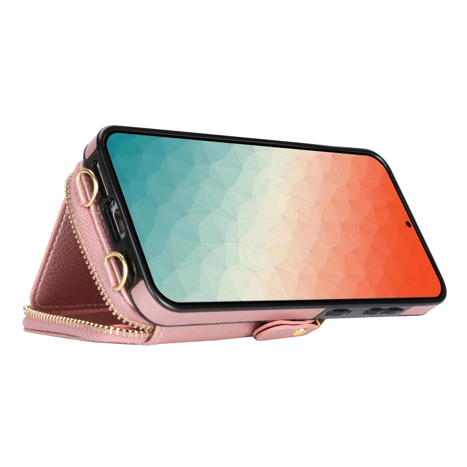 Samsung Galaxy S24  Plus Necklace Leder Schutz Hülle mit Kartenfächer   Handykette (140cm) - Roségold