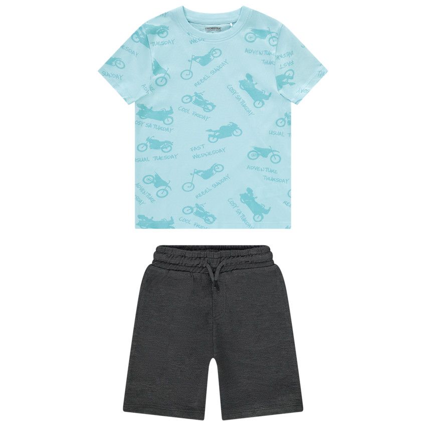Ensemble court 2 pièces t-shirt imprimé motos pour garçon - Bleu moyen