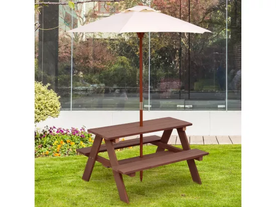 Table de Pique-Nique Enfants en Bois avec Parasol Amovible 89x79x50cm, Table d’Activités Enfants avec 1 Table et 2 Bancs pour Jardin Terrasse Patio (Naturel)