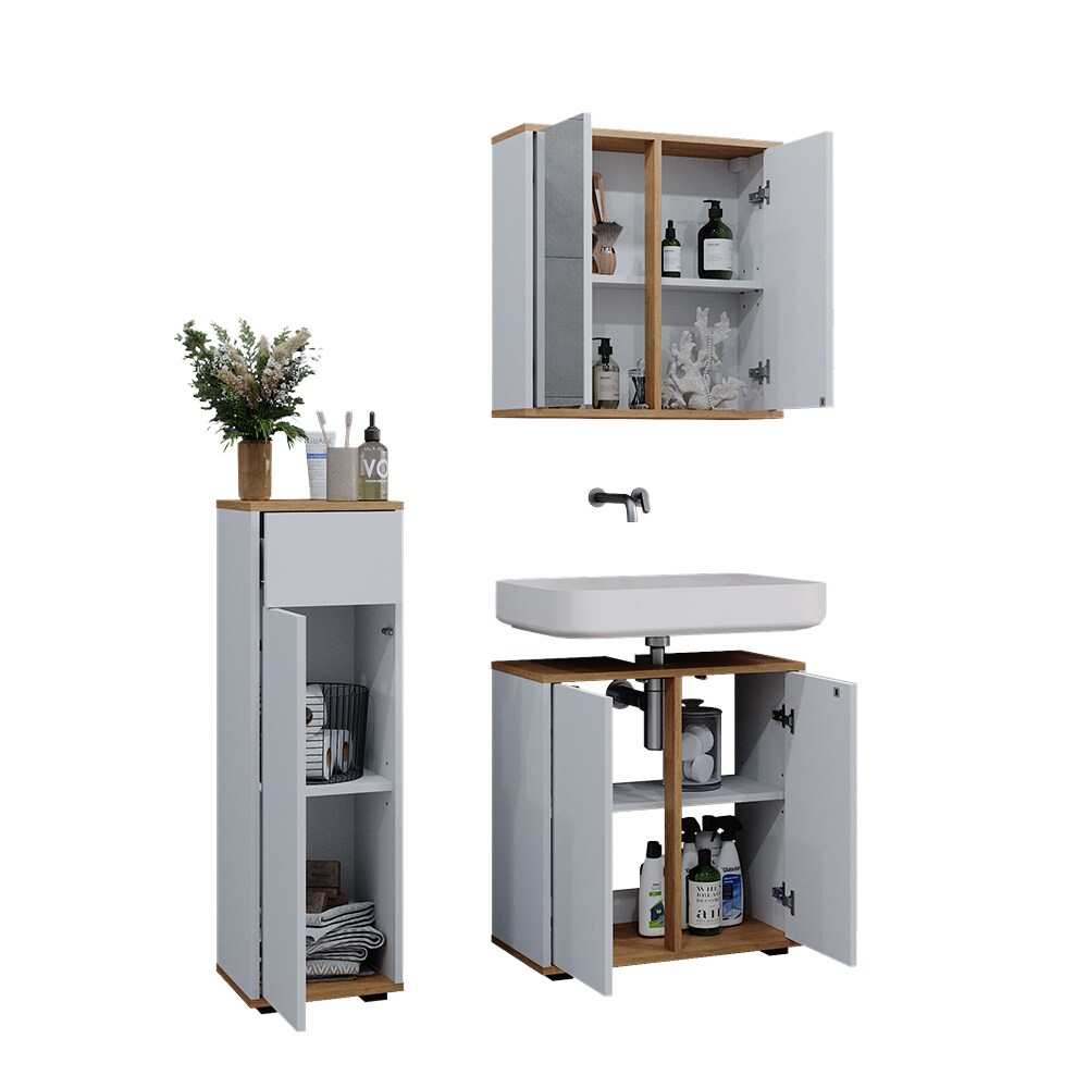 Vicco Badmöbel-Set Didi Weiß Eiche 3 Teile Midischrank mit Schublade
