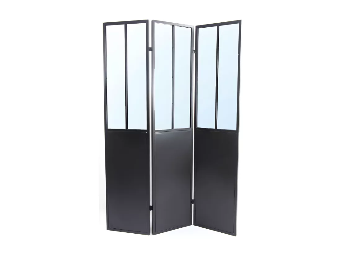 Paravent miroir atelier industriel 3 pans - Métal - H. 180 x L. 122 cm - Noir - COVENTRY