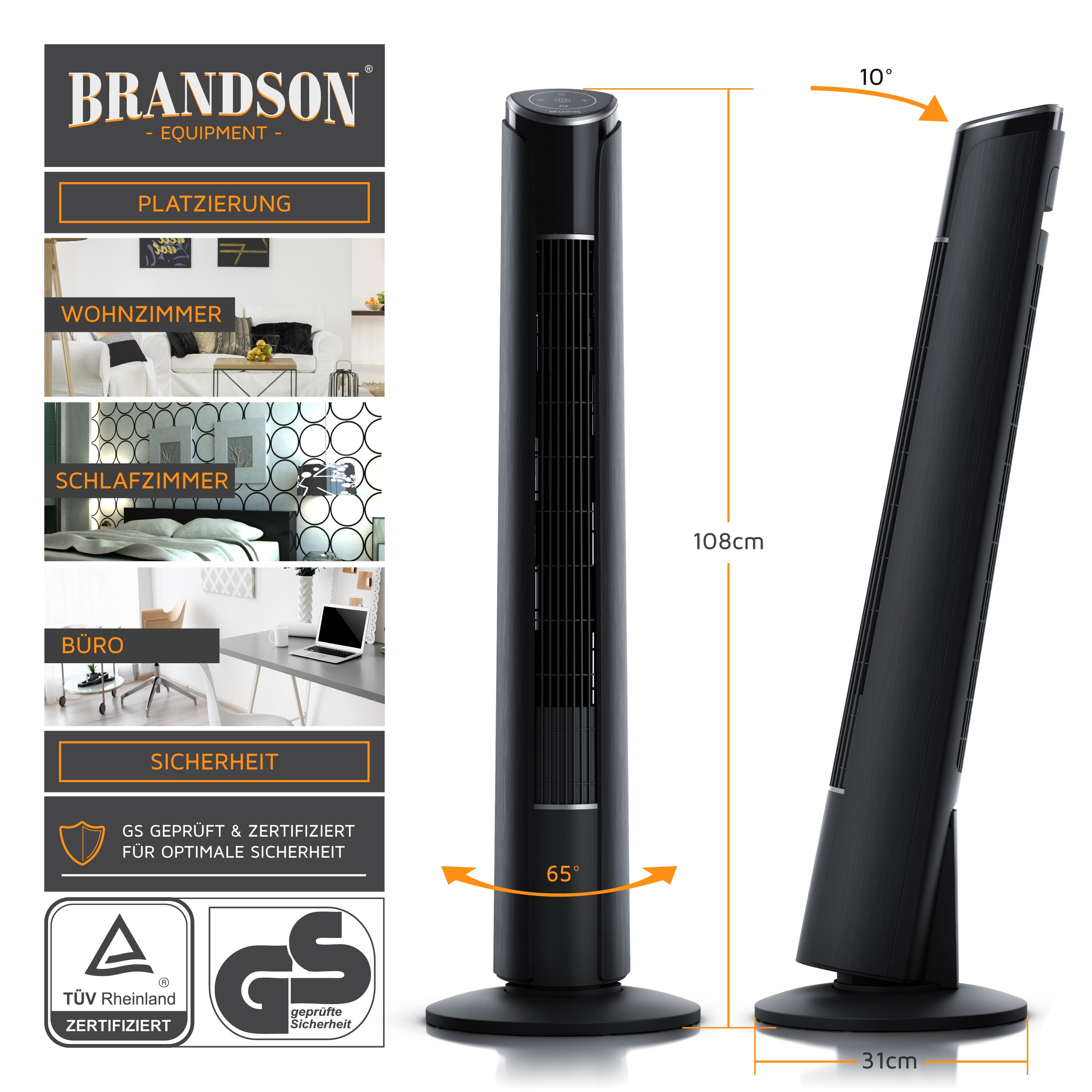 Brandson Turmventilator mit Fernbedienung 108 cm, Ventilator GS, Standventilator, Neigungswinkel 10°, zuschaltbare Oszillation, 3 Geschwindigkeiten