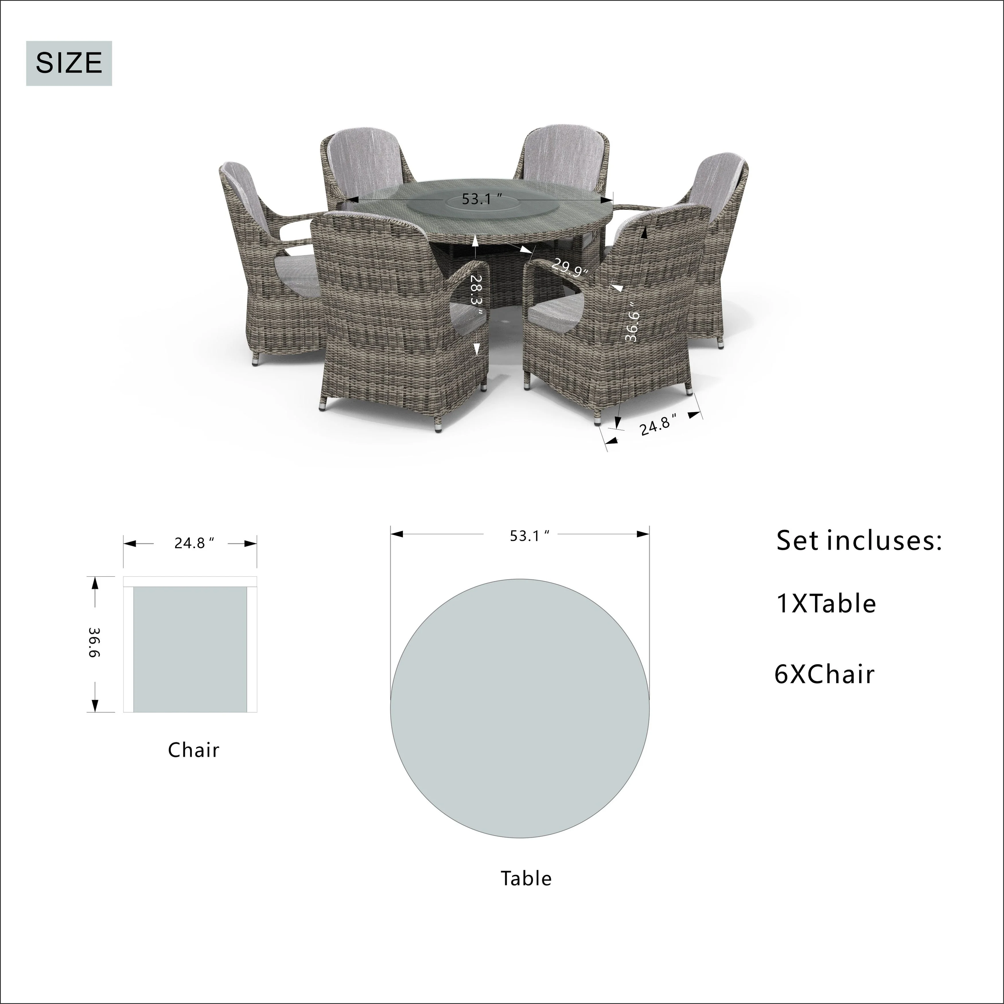 7 Pieces Outdoor Rattan Wicker Patio Round Dining Set with Cushions by Moda Furnishings