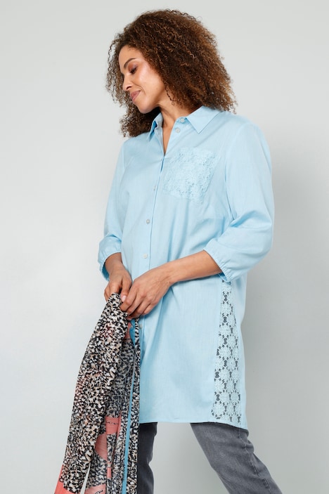 Long-Bluse, Hemdkragen, Spitzen-Einsätze