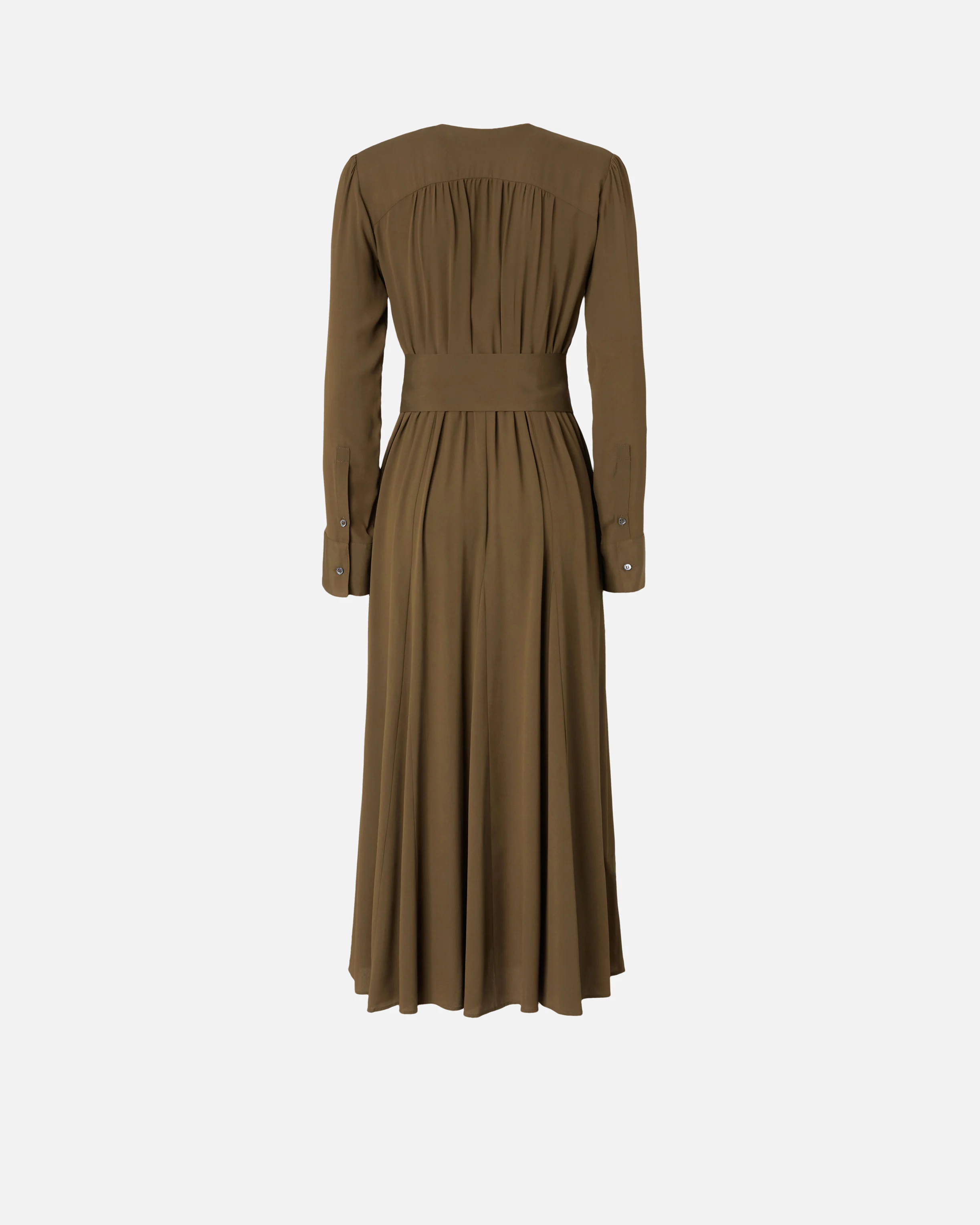 Robe longue ceinturée en soie mélangée à manches longues | Vert