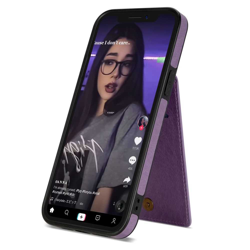 iPhone 14 Pro Hybrid Leder Hardcase Hülle mit Kartenfächer mit Aufsteller (RFID Schutz) - Lila