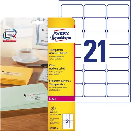 Avery Zweckform L7560-25 Adress-Etiketten,A4 63,5 x 38,1 mm, 25 Bogen/525 Etiketten, transparent