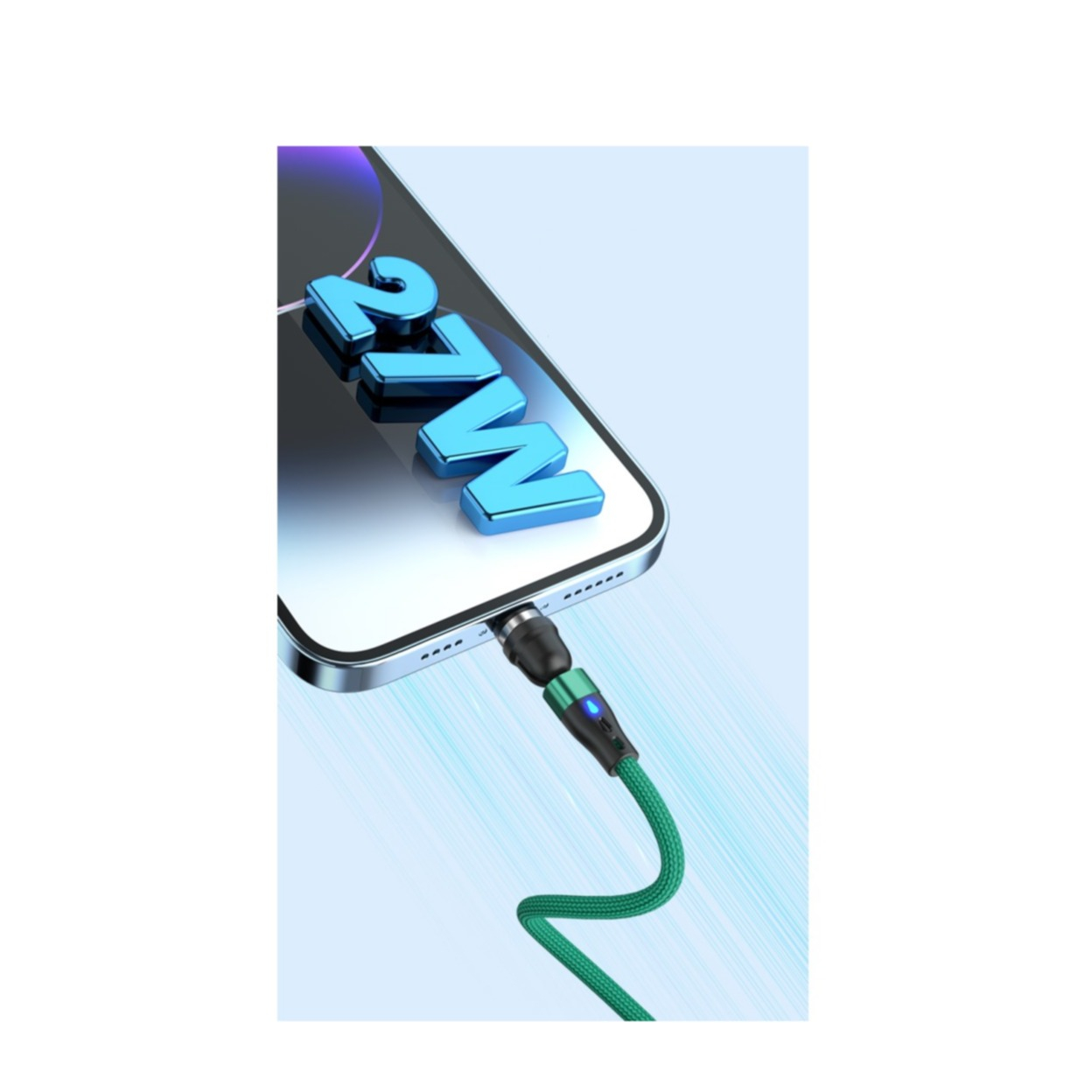 (2m) 60W 3in1 USB C auf USB C / Micro USB / Lightning Ladekabel Magnetisches Nylon 180° Datenkabel mit LED - Grün