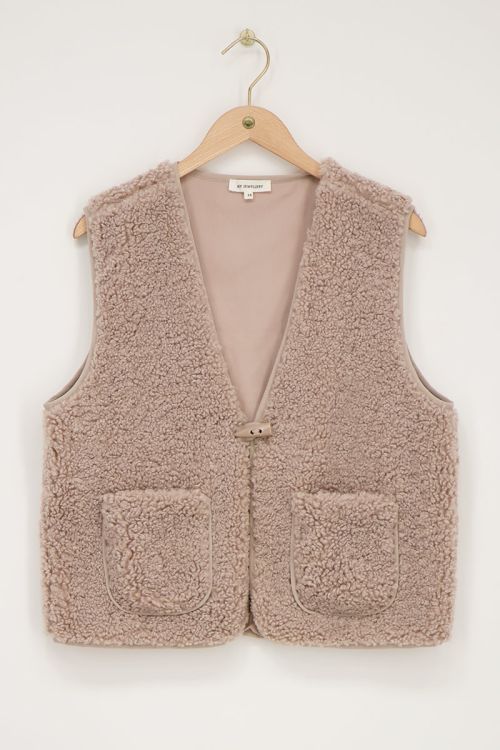 Beige teddy gilet met knoop