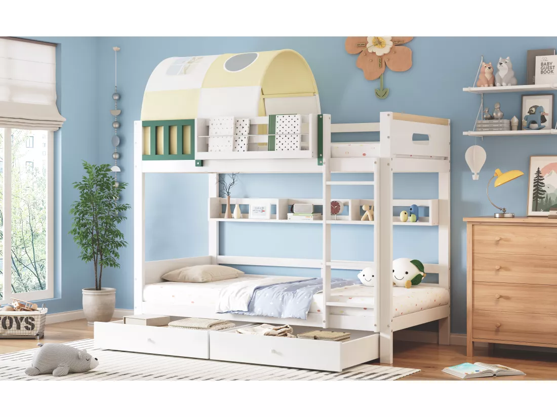 Lits superposés 2 x 90 x 200 cm avec 2 tiroirs, étagères de rangement et petite tente - Bois massif + MDF - Sommier à lattes - Blanc