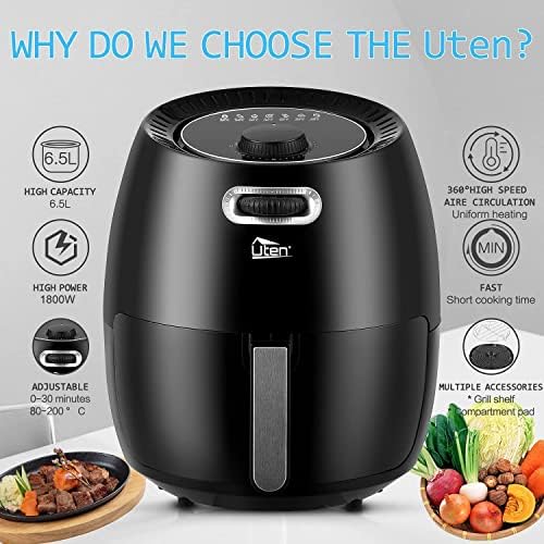 Friteuse Sans Huile, Uten Friteuse à Air 1800W, 6.5L Air Fryer  2 à 8 personnes, Panneau Tactile LED avec 8 Programmes, Paniers Antiadhésifs, Sans BPA/PFOA : Cuisine et Maison