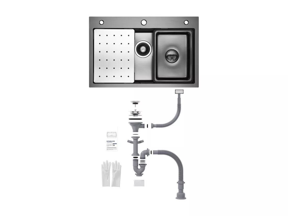 Cecipa max Évier 1 Bac 70×45CM Évier Inox Noir avec Egouttoir + Vasque + Distributeur de Savon (Montage sur le Dessus/Montage à Plat),EU Modèle