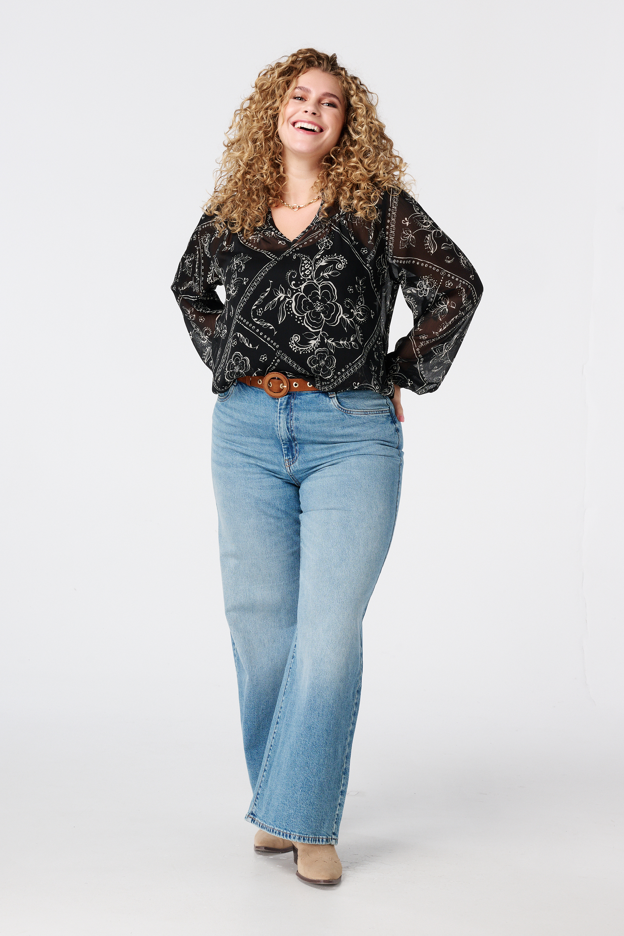Sheer blouse met print Multi zwart-wit