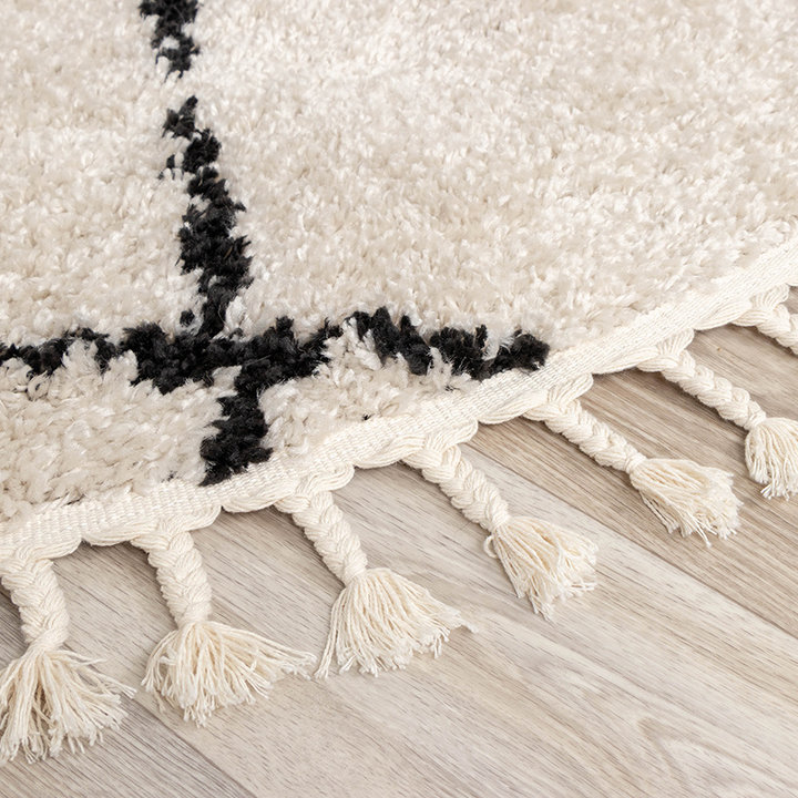 Rond hoogpolig vloerkleed - Grand Lines Weave Creme/Zwart