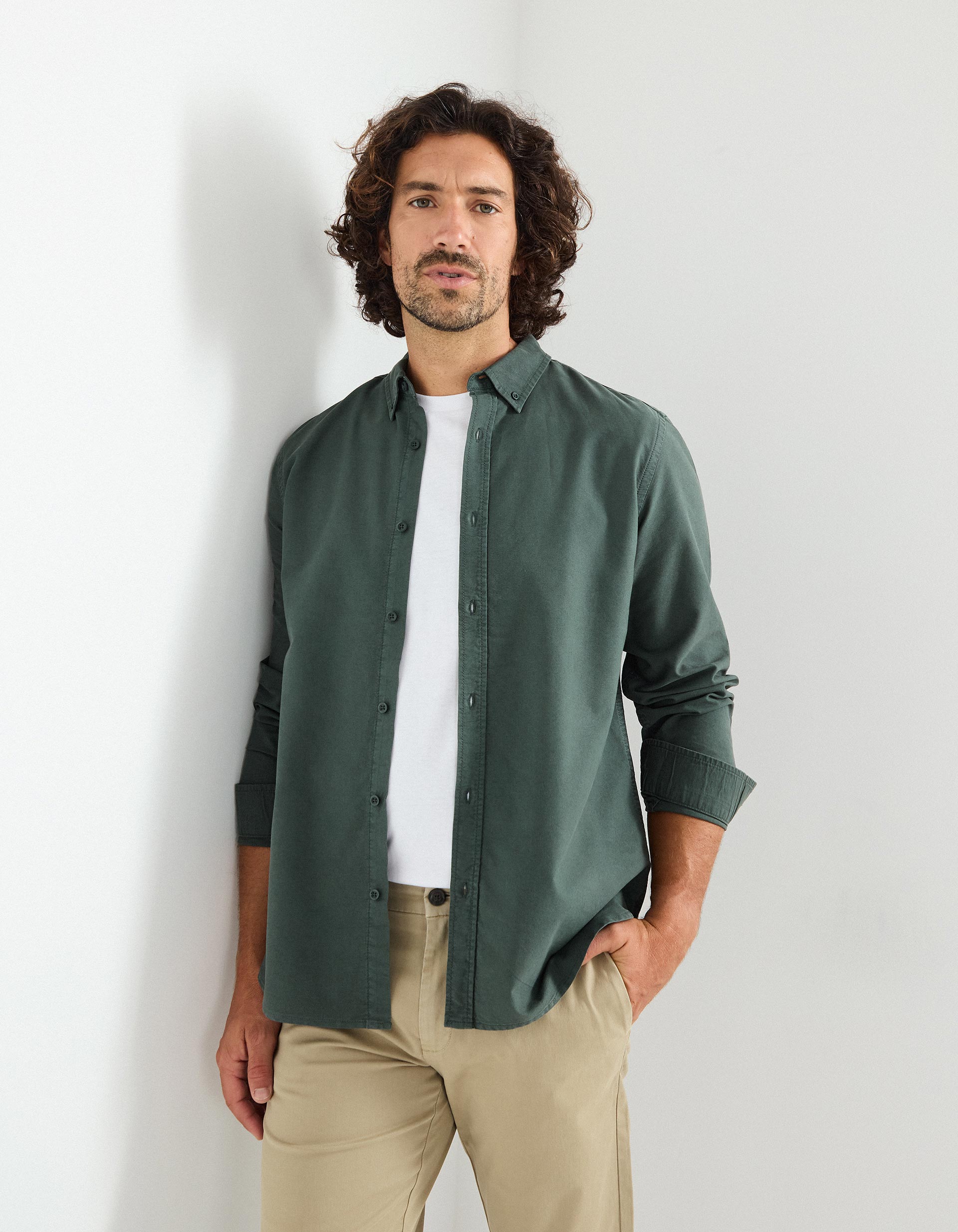 Camisa de Manga Comprida Oxford, Homem, Verde Escuro