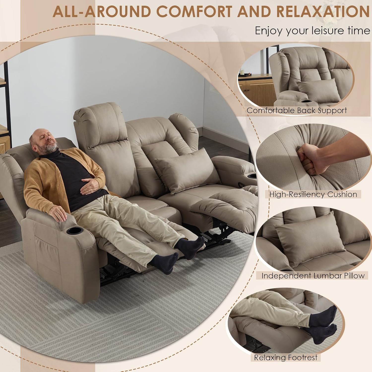 SAMERY Zweisitzer Relaxsessel mit Liegefunktion, 2er-Fernsehsessel Kinosessel 2 Sitzer TV Sessel Heimkino Sitze mit klappbare Mittelkonsole, 4 Getränkehalter (Khak, 172cm Zweisitzer)