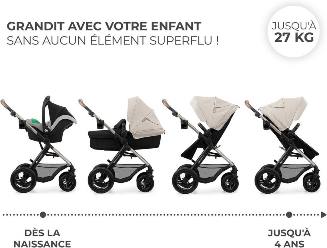 Poussette 3-en-1 Kinderkraft MOOV2, système de voyage de la naissance à 27 kg, siège auto Mink PRO I-Size inclus, pare-soleil extensible avec filtre UPF50+, accessoires pratiques, gris