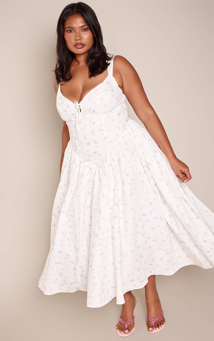 Blanc Robe Longue Droite Grande Taille À Imprimé Fleuri Avec Détail Corset