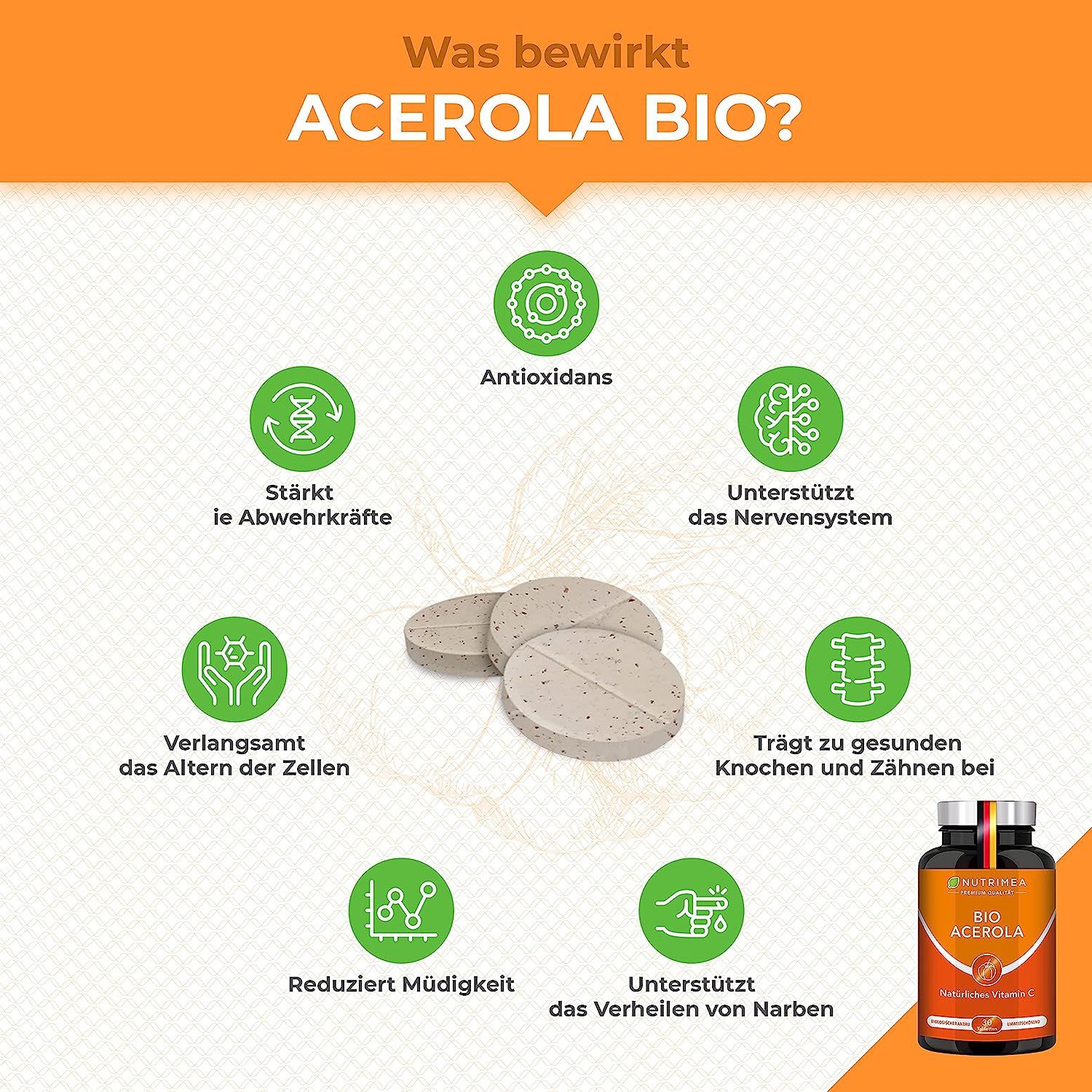 Nutrimea ACEROLA BIO Lutschtabletten | Natürliches Vitamin C Hochdosiert 1000mg