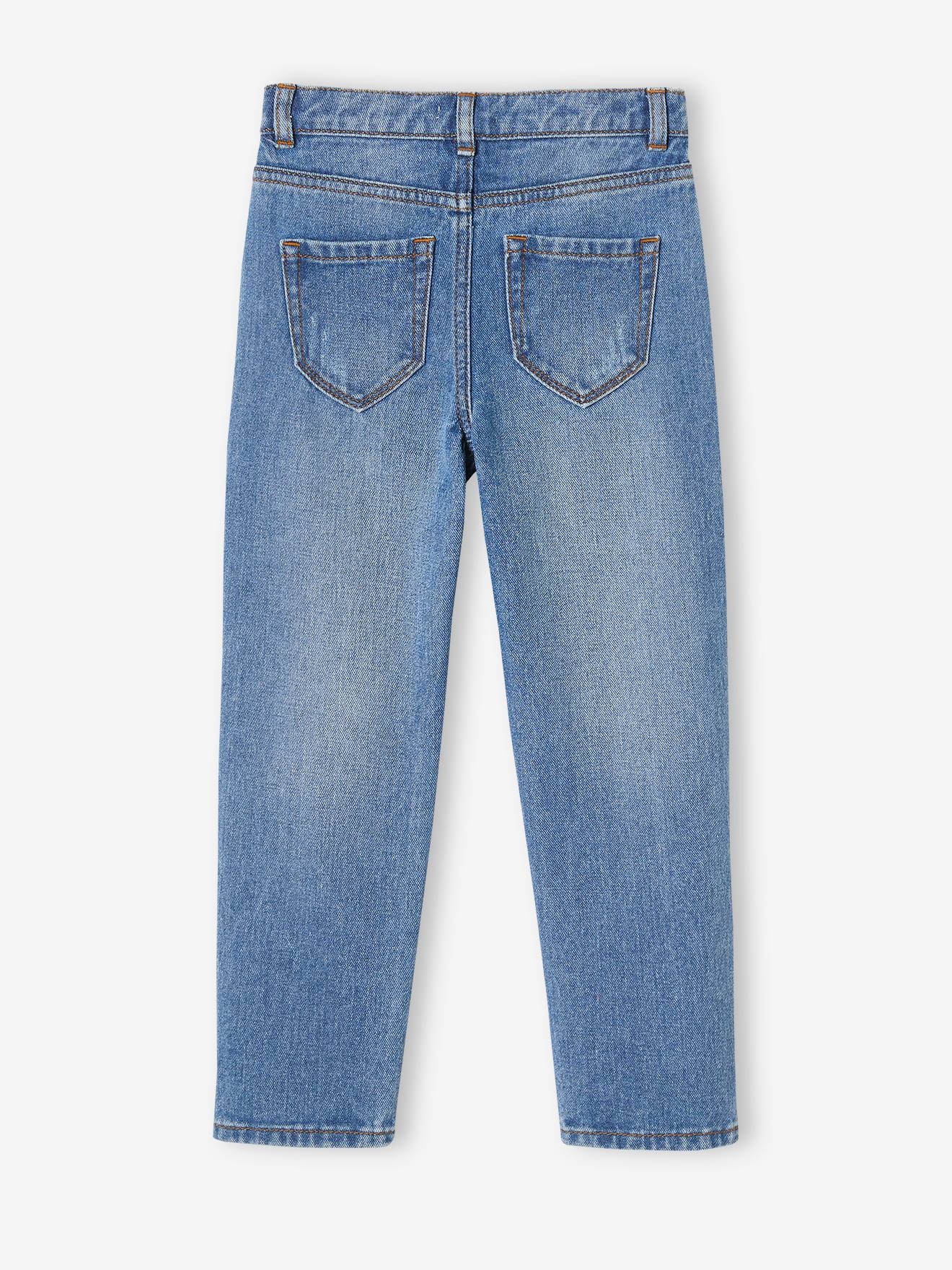 Calça jeans reta com um laço elegante, jeans azul escuro para meninas