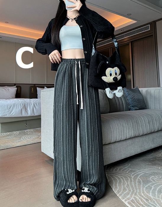 evanesce - Herringbone High Rise Drawstring Knit Wide Leg Pants