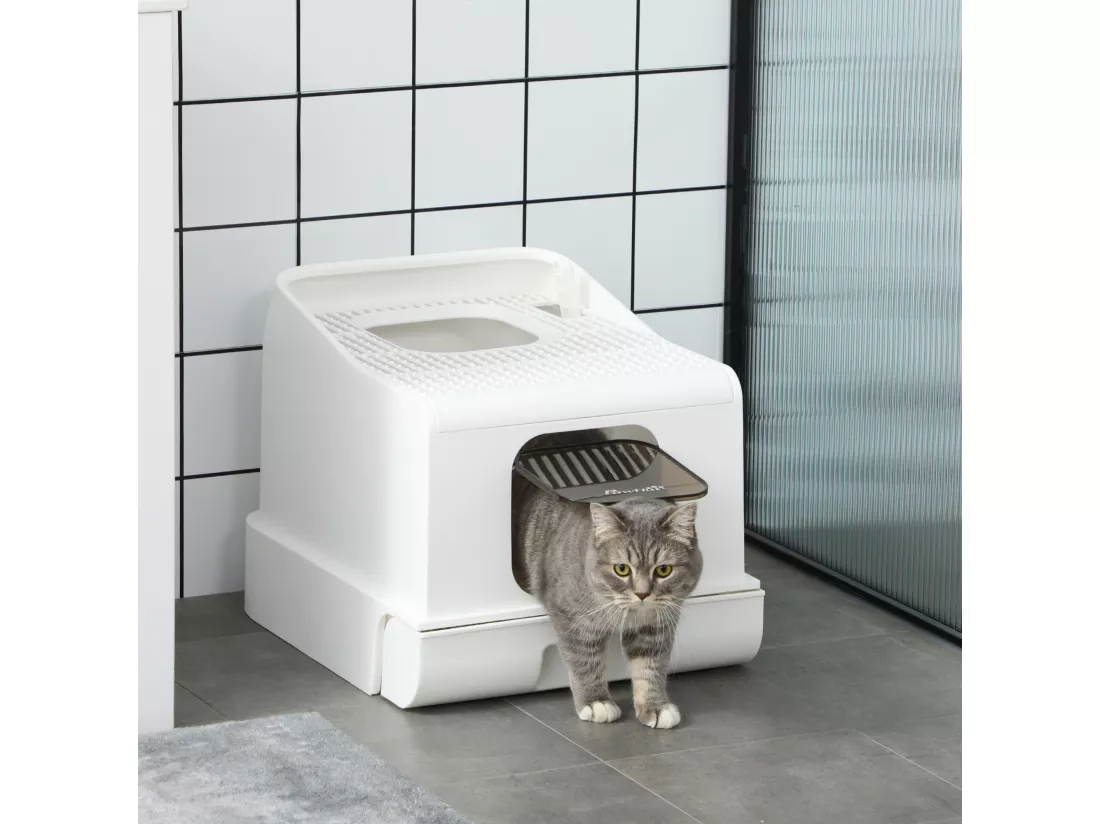 Maison de toilette chat bac à litière 2 portes - pelle, bac amovible, roulettes, poignée - PE blanc