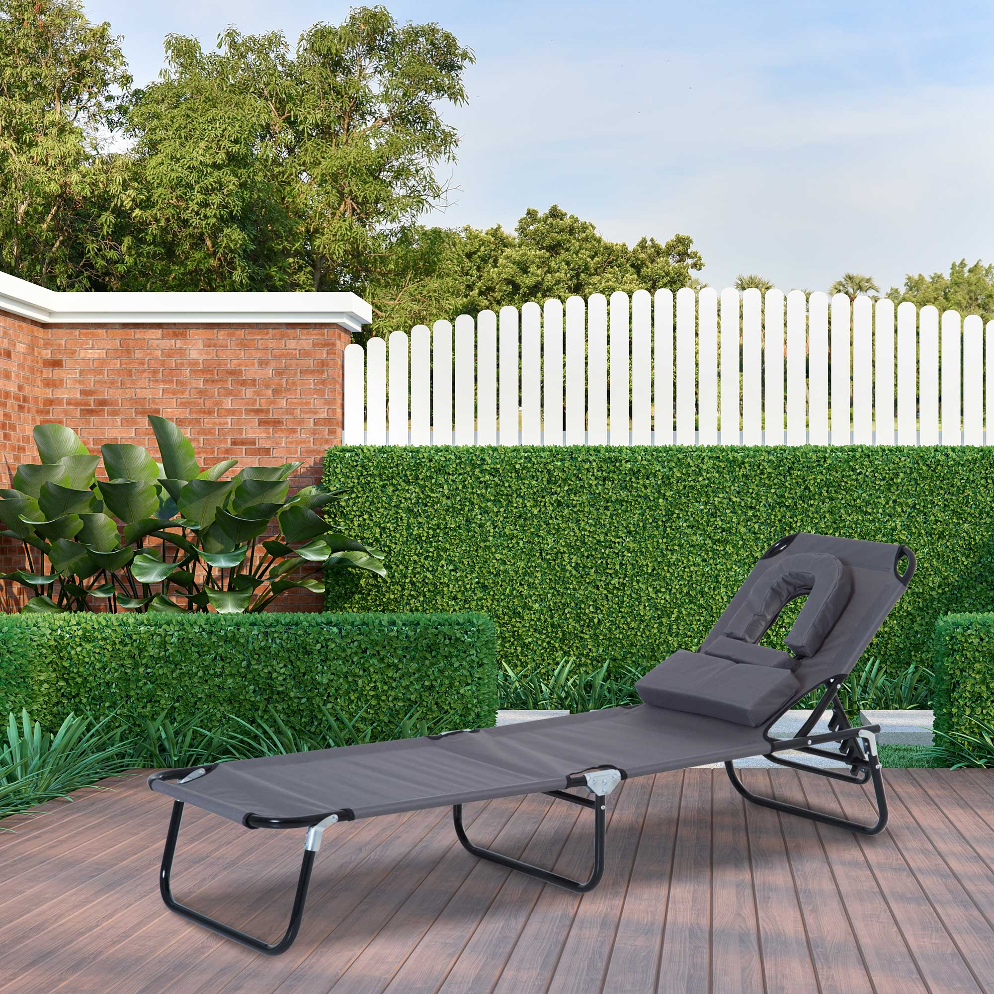 Espreguiçadeira dobrável Outsunny com encosto ajustável em 4 posições, espreguiçadeira de jardim com almofada, estrutura de aço e tecido Oxford para camping, praia e terraço, capacidade de carga de 120 kg, 190 x 56 x 28 cm, cinza