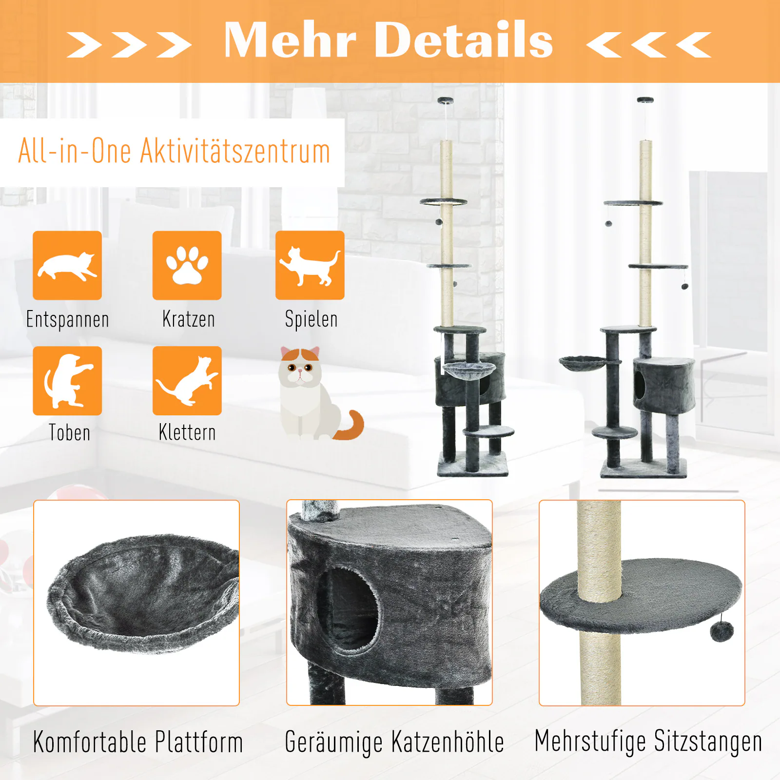 PawHut Kratzbaum mit Höhle dunkelgrau 55 x 45 x 240-260 cm (LxBxH)