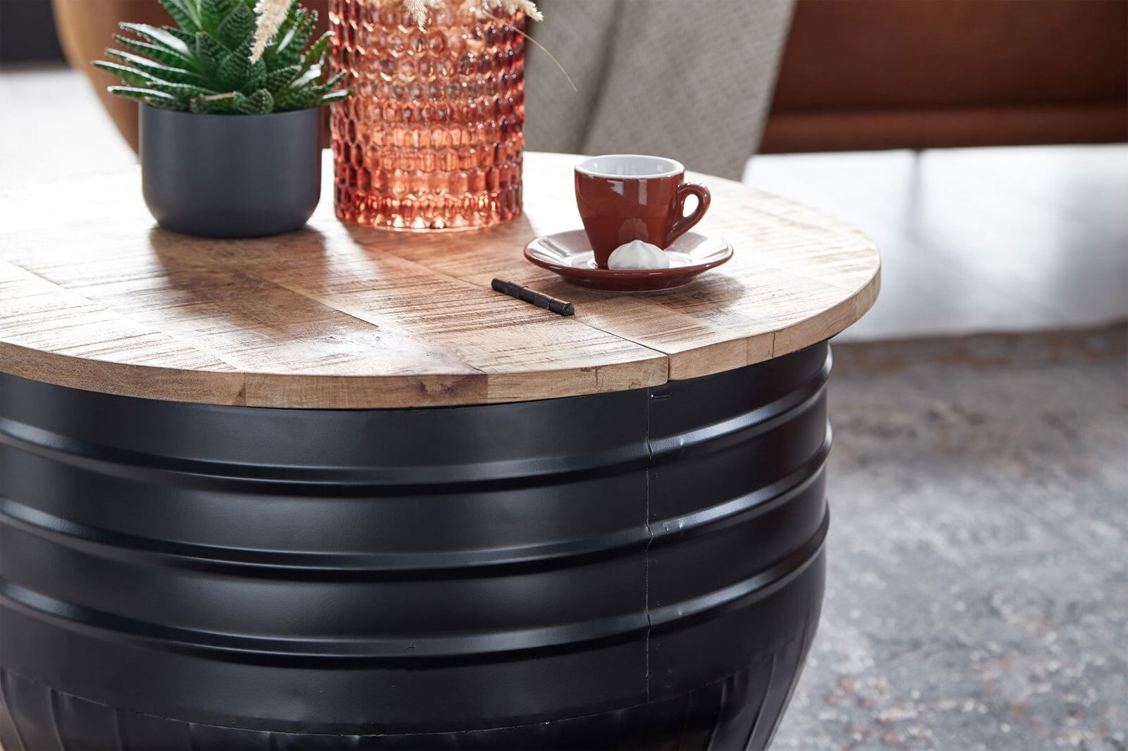 Couchtisch rund Ø 60 cm Metall Schwarz/Mango massiv