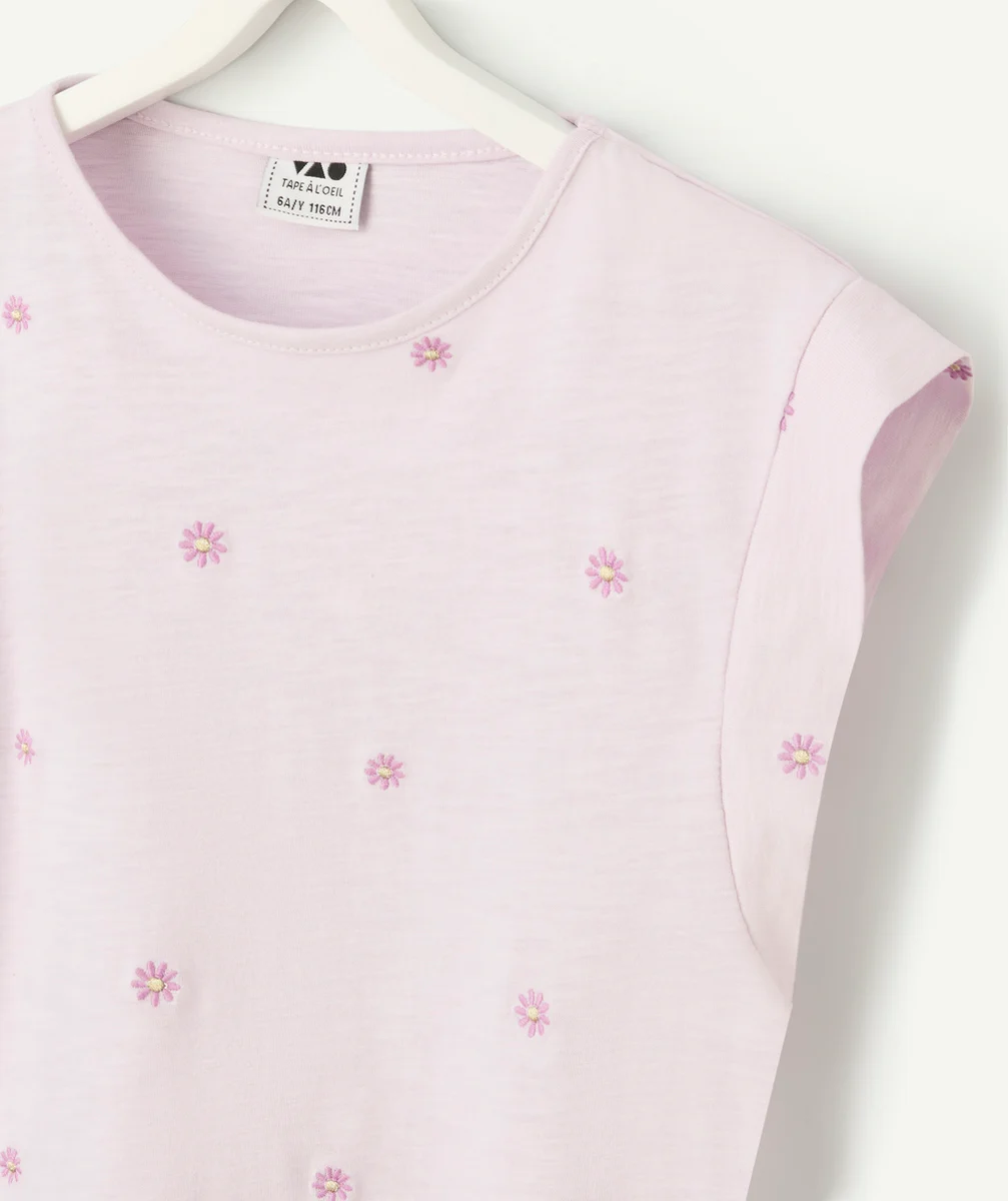 t-shirt manches courtes fille en coton biologique lila avec marguerite brodé