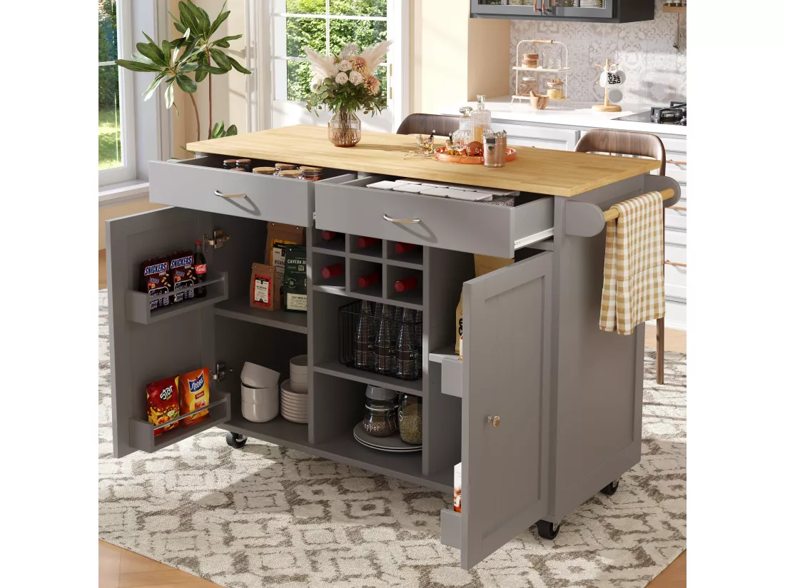 Ilot central de cuisine mobile avec 2 portes et 2 tiroirs - 102x45x92 cm - Bois MDF - Gris et naturel