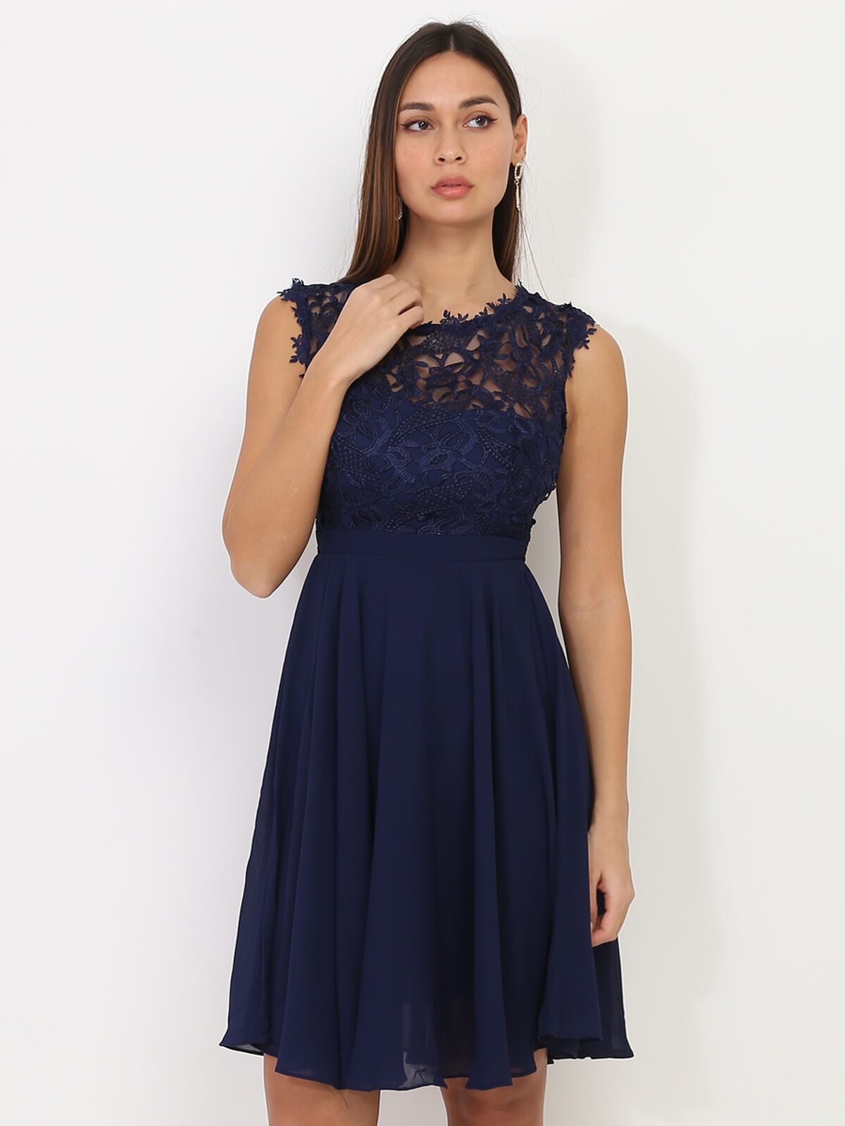 Robe à encolure dentelle grandes tailles- Bleu marine