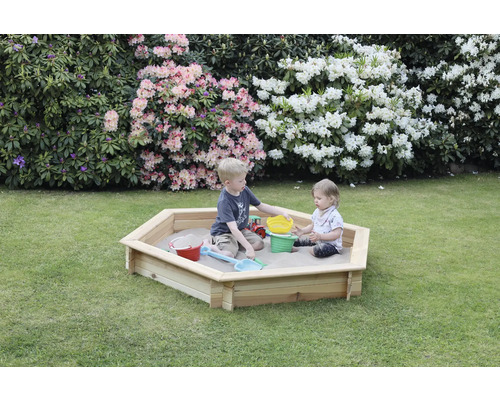 Fynja zeshoekige zandbak met wit zeil, hout, 173 x 148 x 21 cm, natuurlijke afwerking