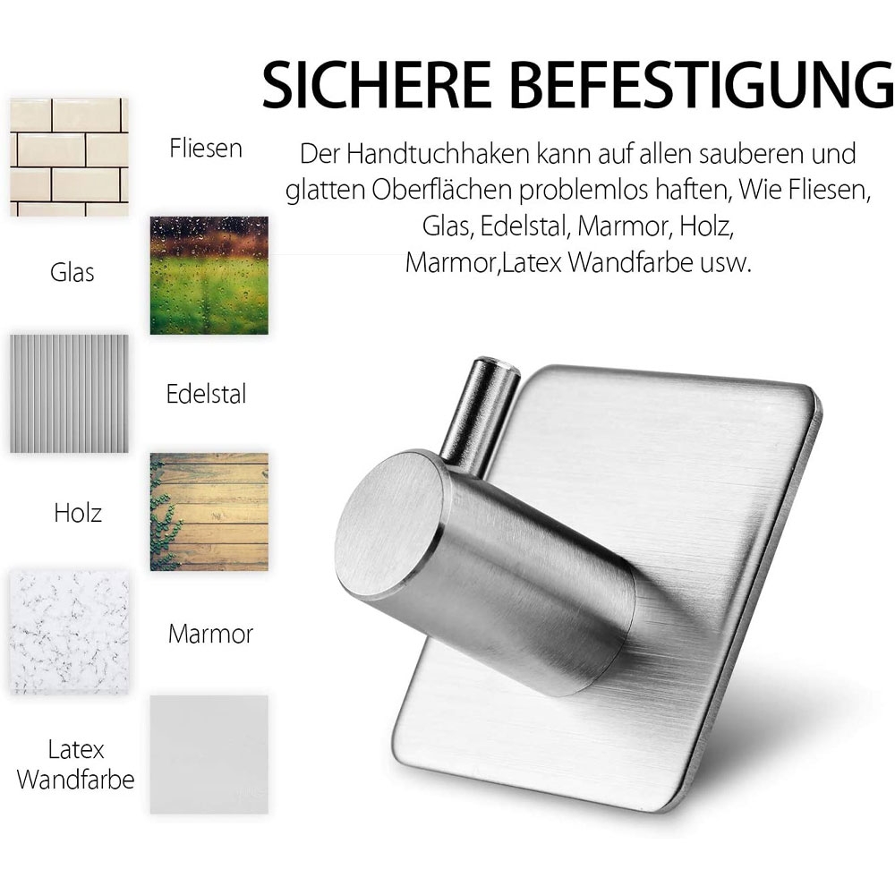 (5er Set) Selbstklebender Edelstahl Wandhaken für Handtücher (5kg) - Silber