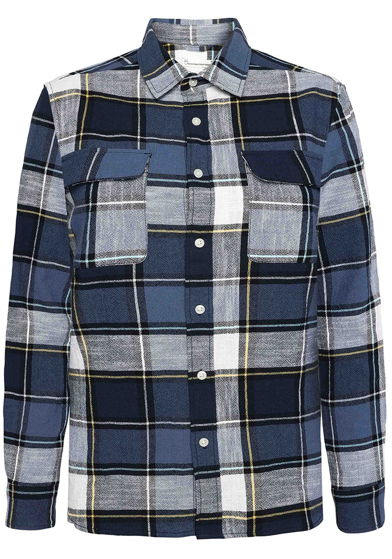 Knowledge Cotton Apparel Hemd Loose Slub Checkered Shirt Blue Check