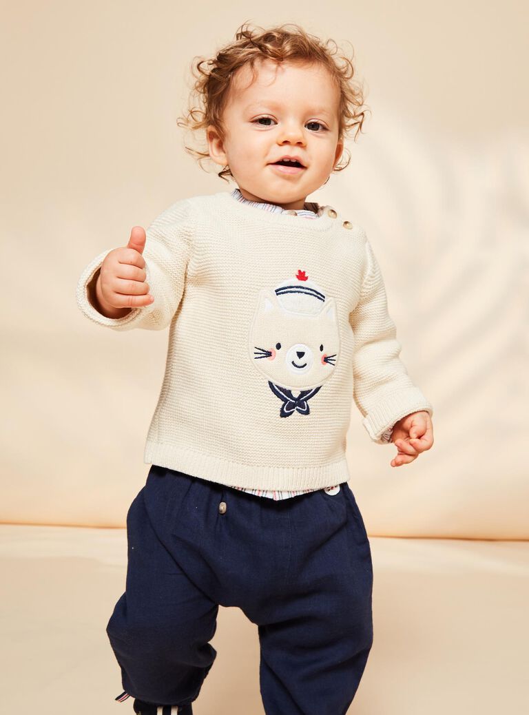 Pull beige chiné en tricot avec chat marin