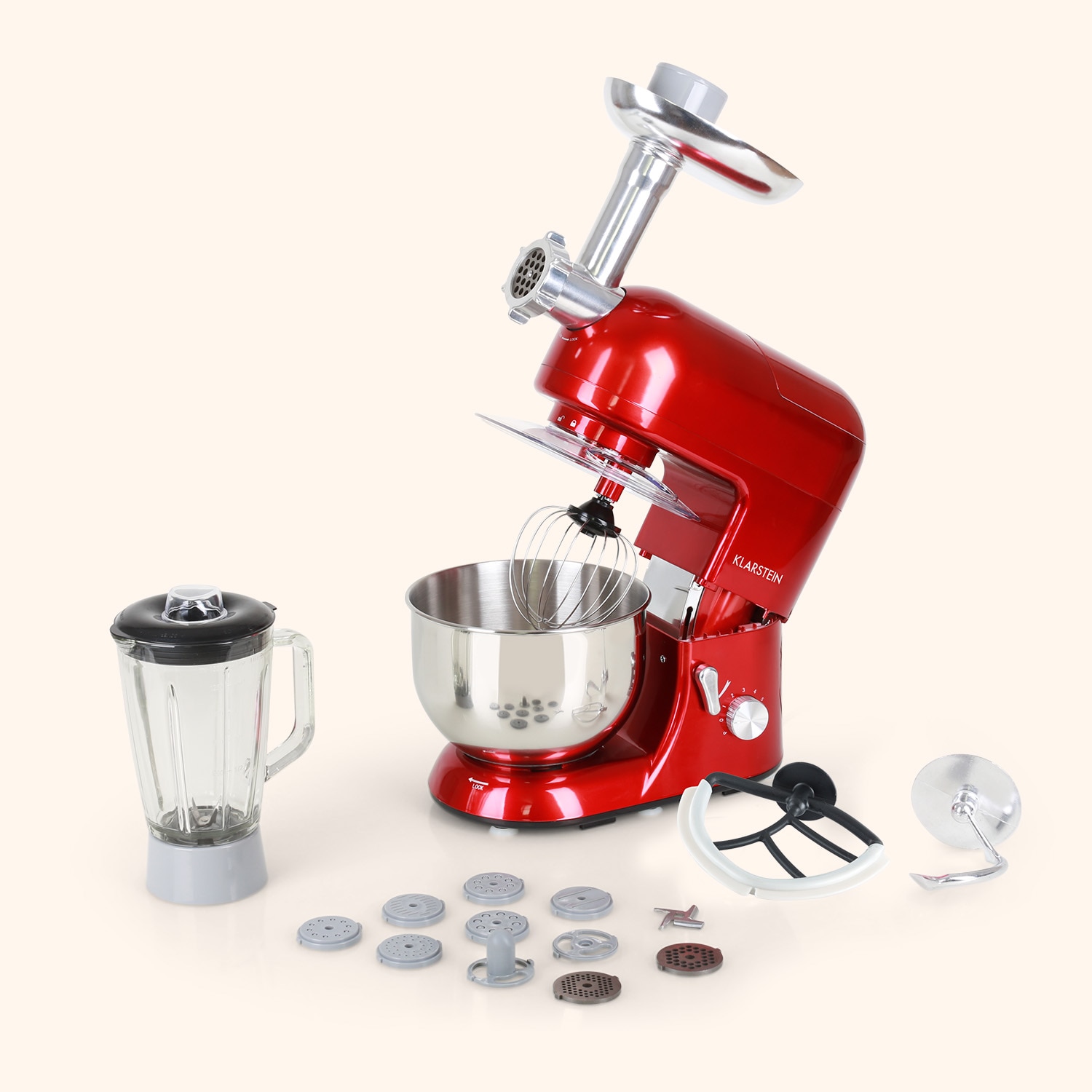 Lucia Küchenmaschine 3-in-1 1800 W / 2,7 PS 5 Ltr Edelstahl BPA-frei Rot