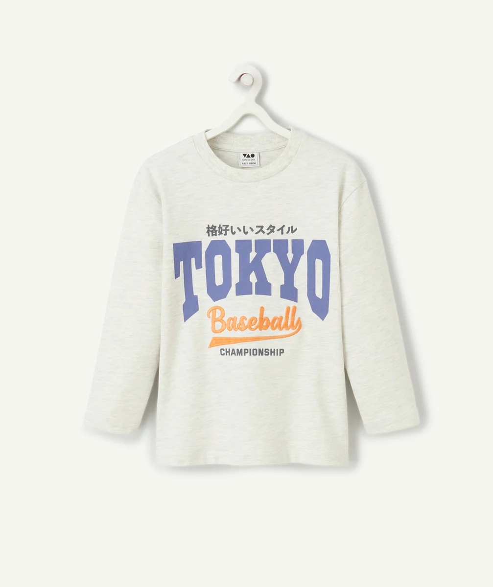 T-SHIRT MANCHES LONGUES GARÇON EN COTON BIO GRIS CHINÉ THÈME TOKYO