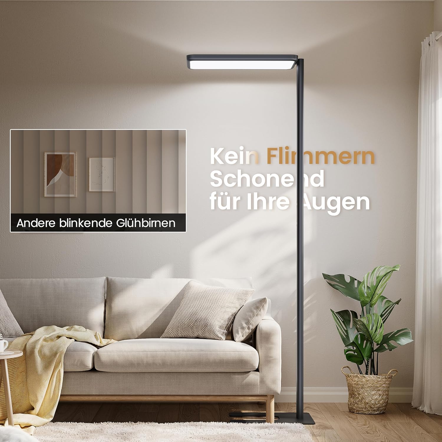 LED Stehlampe für Büro,UGR98,Vollspektrum Tageslicht dual Stehleuchte Stehlampe dimmbar,Augenschutz Deckenfluter 2m 4000K Standleuchte Office Leselampe für Kinderzimmer schwarz